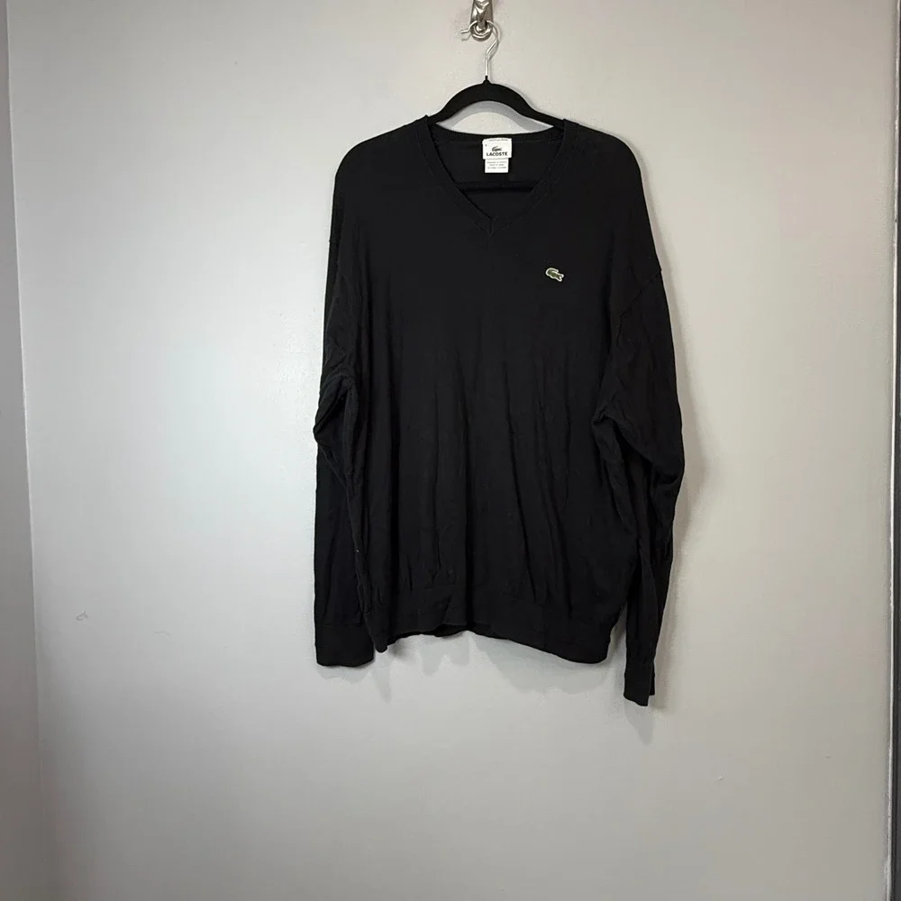 Lacoste Mens Black Cotton Cashmere V-Neck Sweater Logo FC8551 Size 8  XXL
